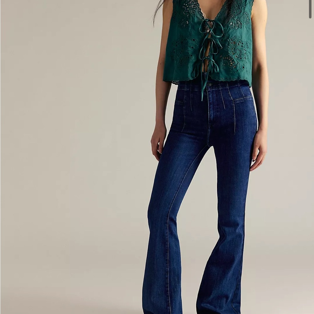 Free People Deep Denim Flare Wide Leg Jeans